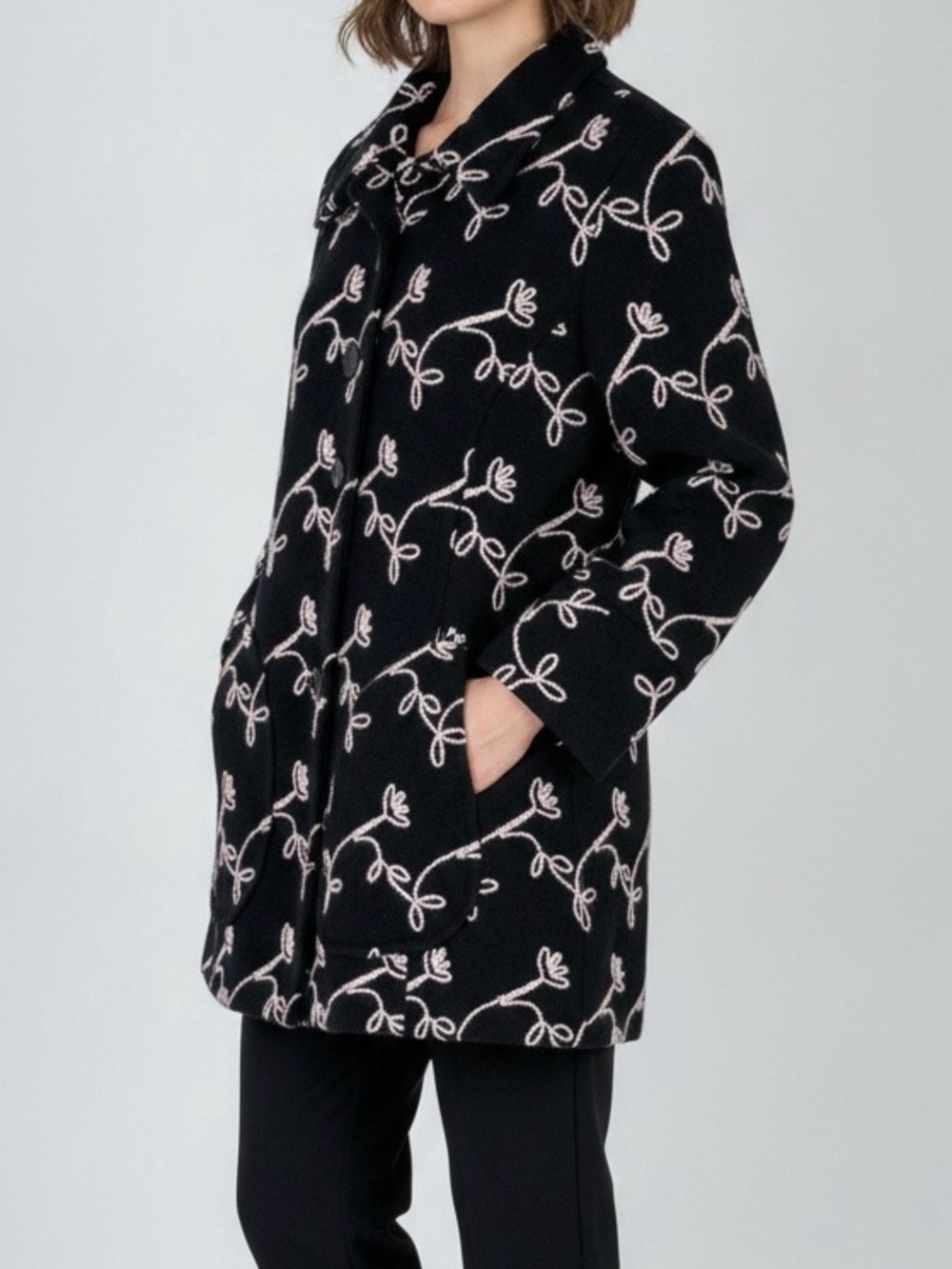 Focus by Shani Wool Blend Floral Embroidered Pea Coat Large